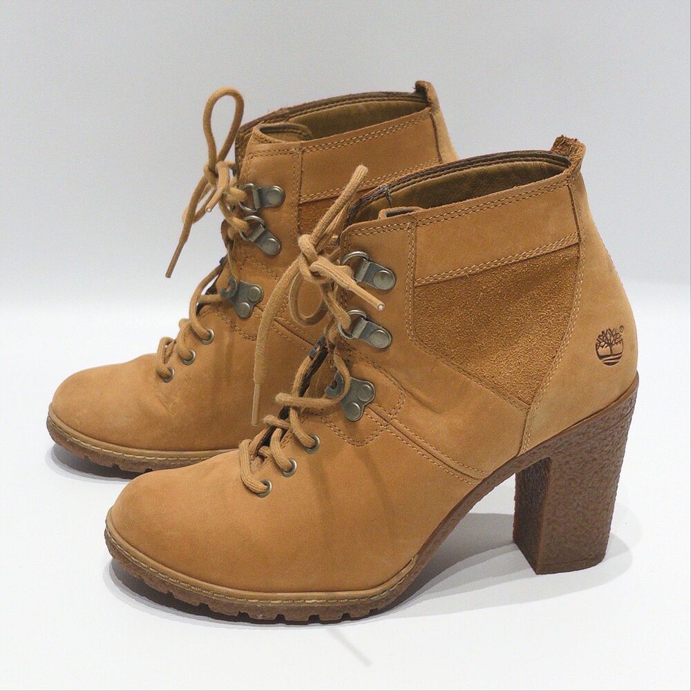 Timberland Glancy Heeled Field Boot Brown Leather Women Size 6.5 - Minimal Wear